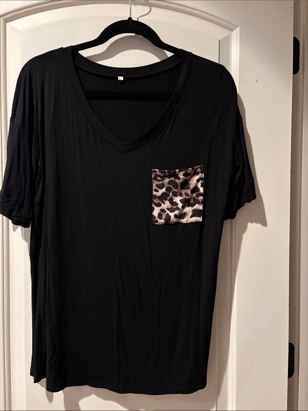 Black V-Neck Tee with Leopard Pocket